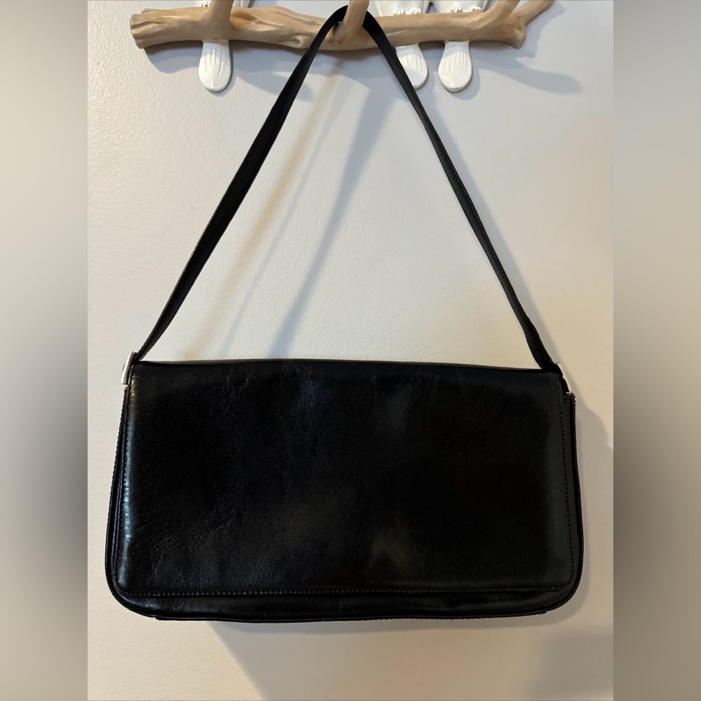Vintage Fossil Black Leather Hobo Shoulder Flap Bag Y2K